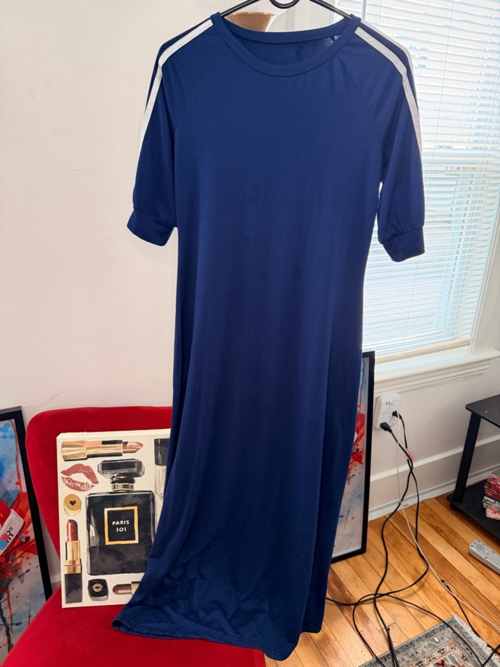 Navy Short-Sleeve Maxi Dress with Shoulder Stripes